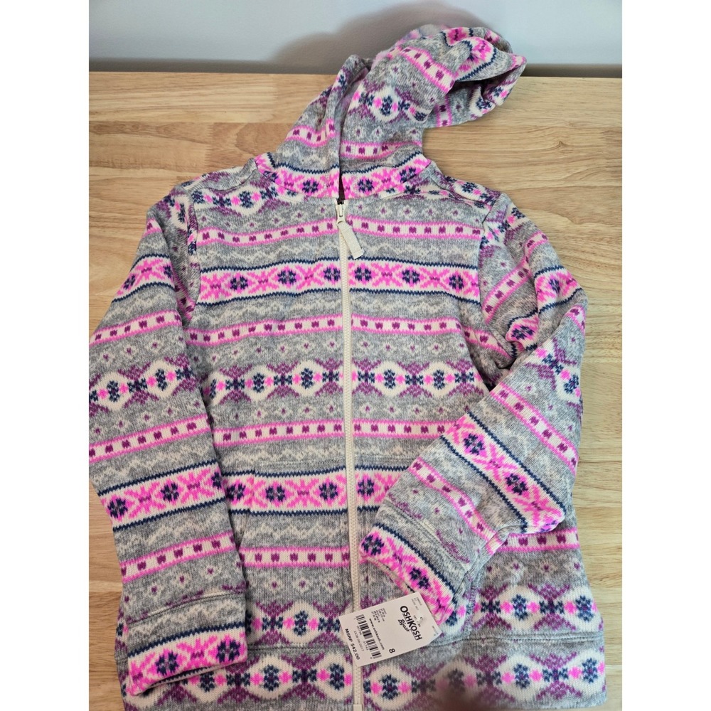 OshKosh Bgosh Girls Fair Isle Fleece Full Zip Hoodie Grey Pink Purple Size 8